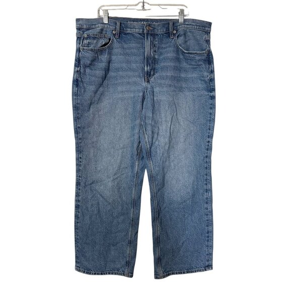 American Eagle Low Rise Baggy Straight Leg Jeans STRIGID Size 18 Short Blue - Picture 1 of 9